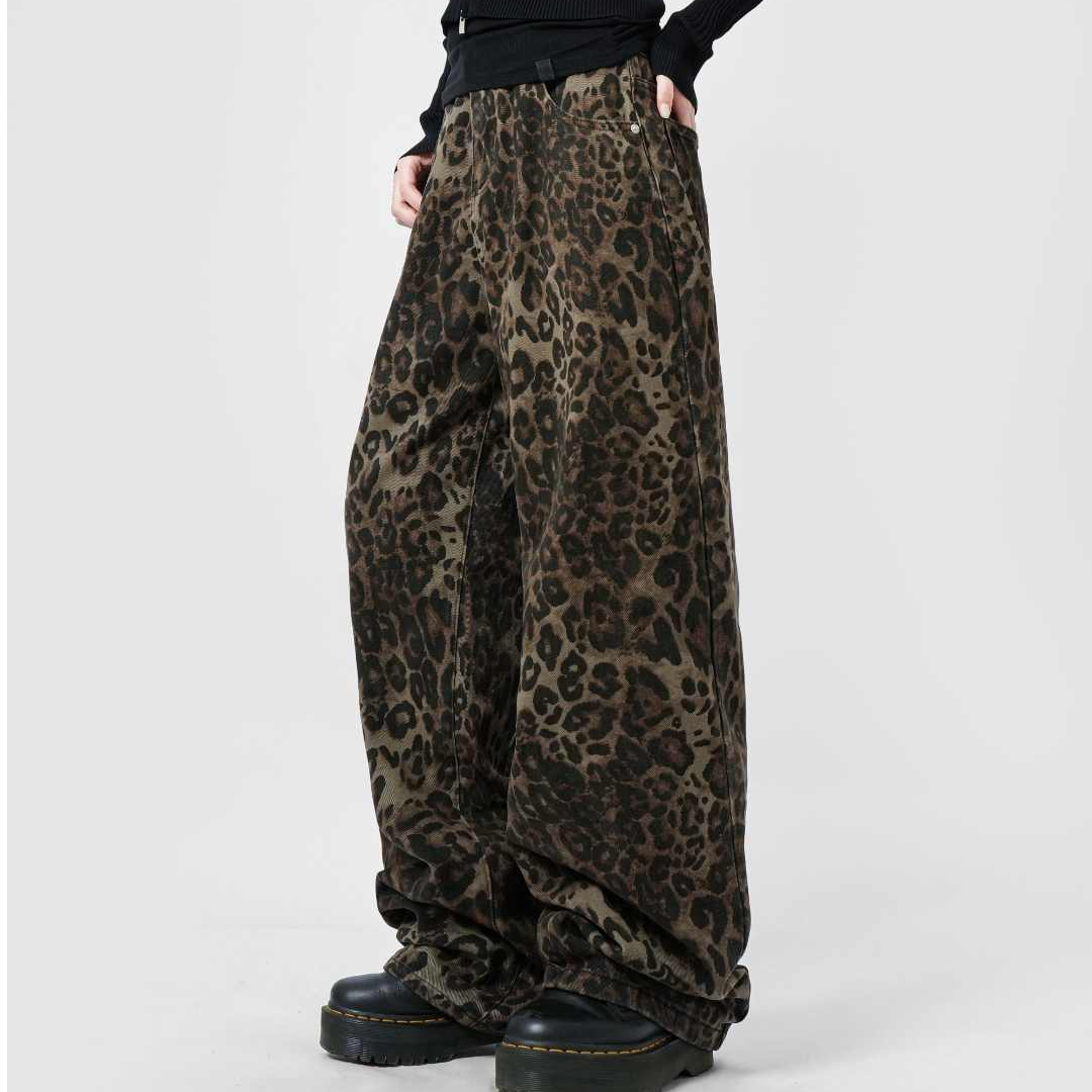 高腰印花秋季女牛仔裤豹纹裤子宽松百搭满印直筒休闲裤517牛仔裤