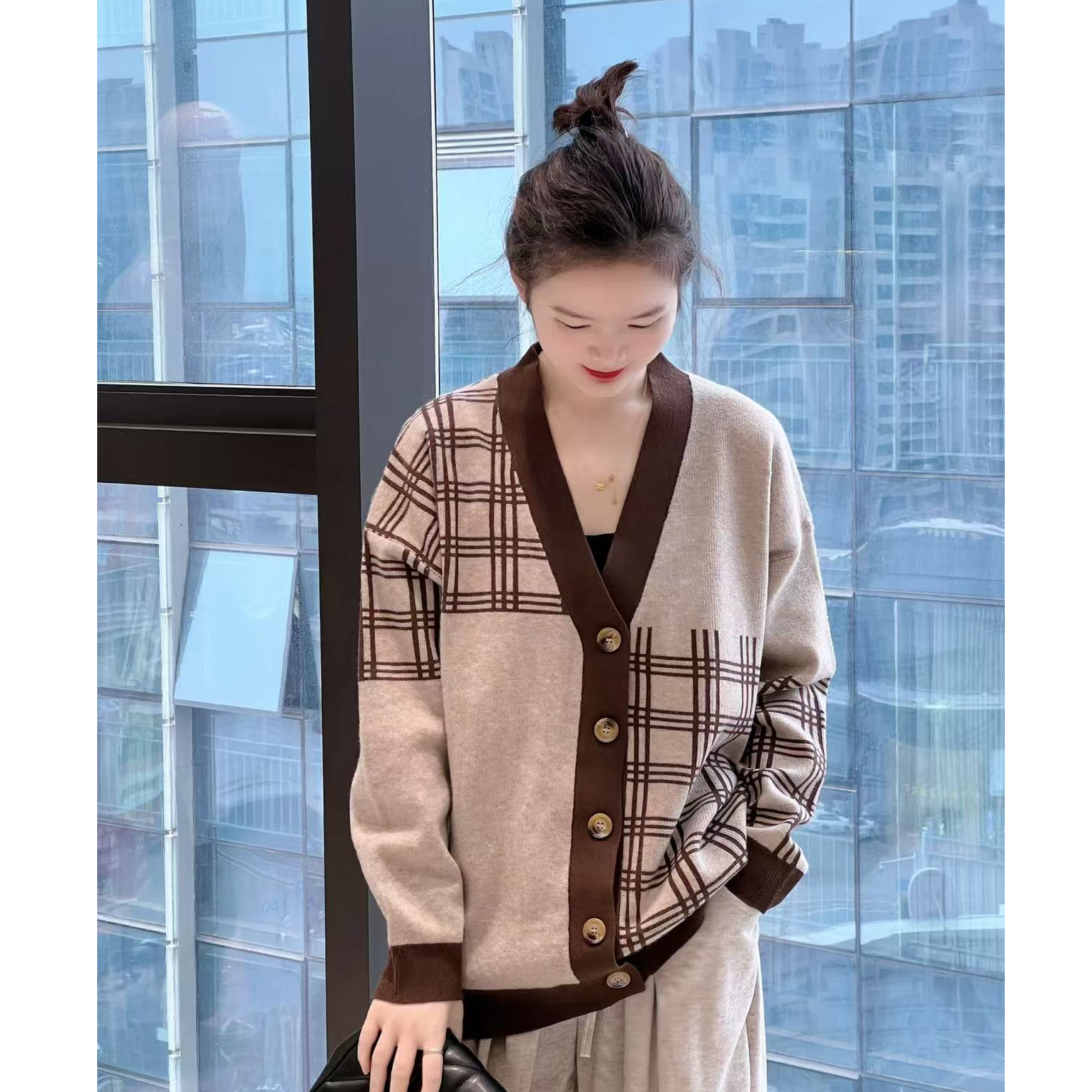 普拉那  624 拼接格纹春季常规款毛针织衫开衫宽松格子时尚复古