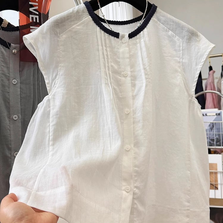 高端货~无袖衬衫女夏季法式气质小衫超好看亚麻外穿马甲背心上衣
