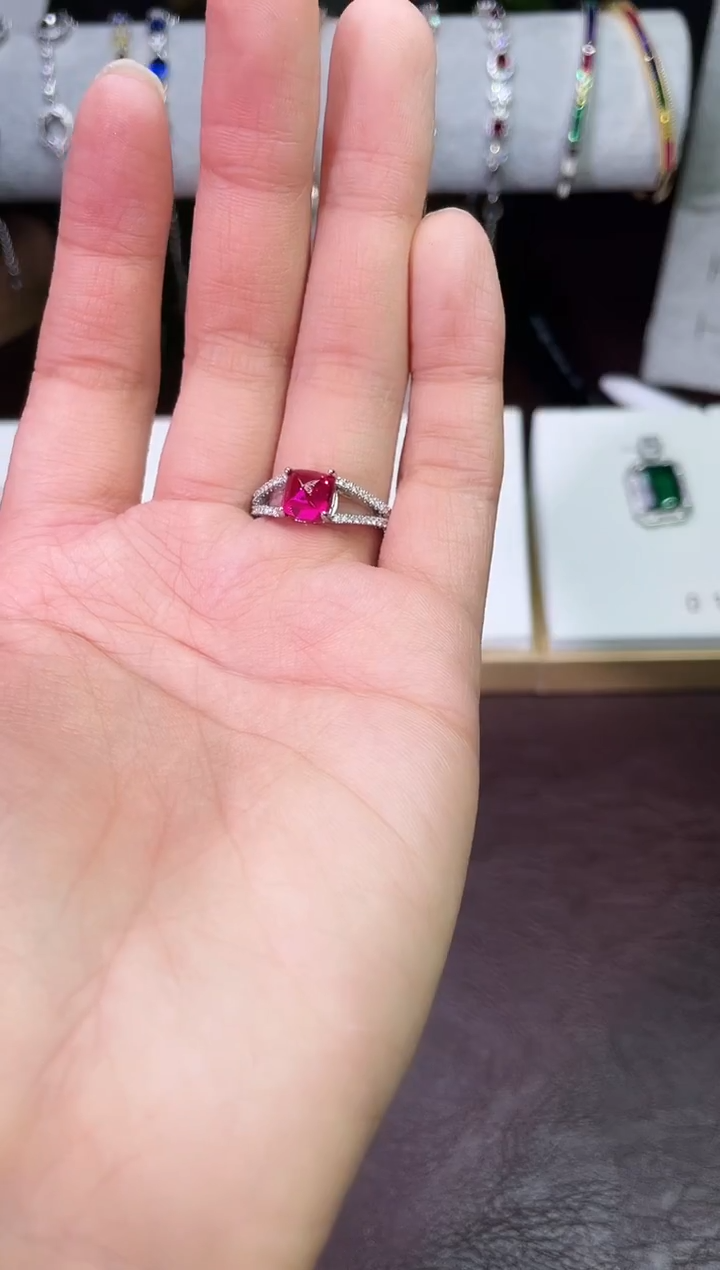 足铂镶嵌合成（培育）红宝石戒指/指环红宝戒指