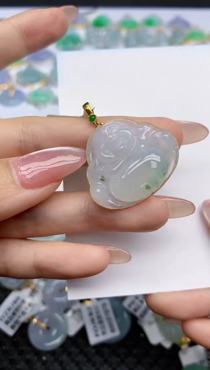 【闪购商品】翡翠挂件18K金镶嵌天然翡翠A货