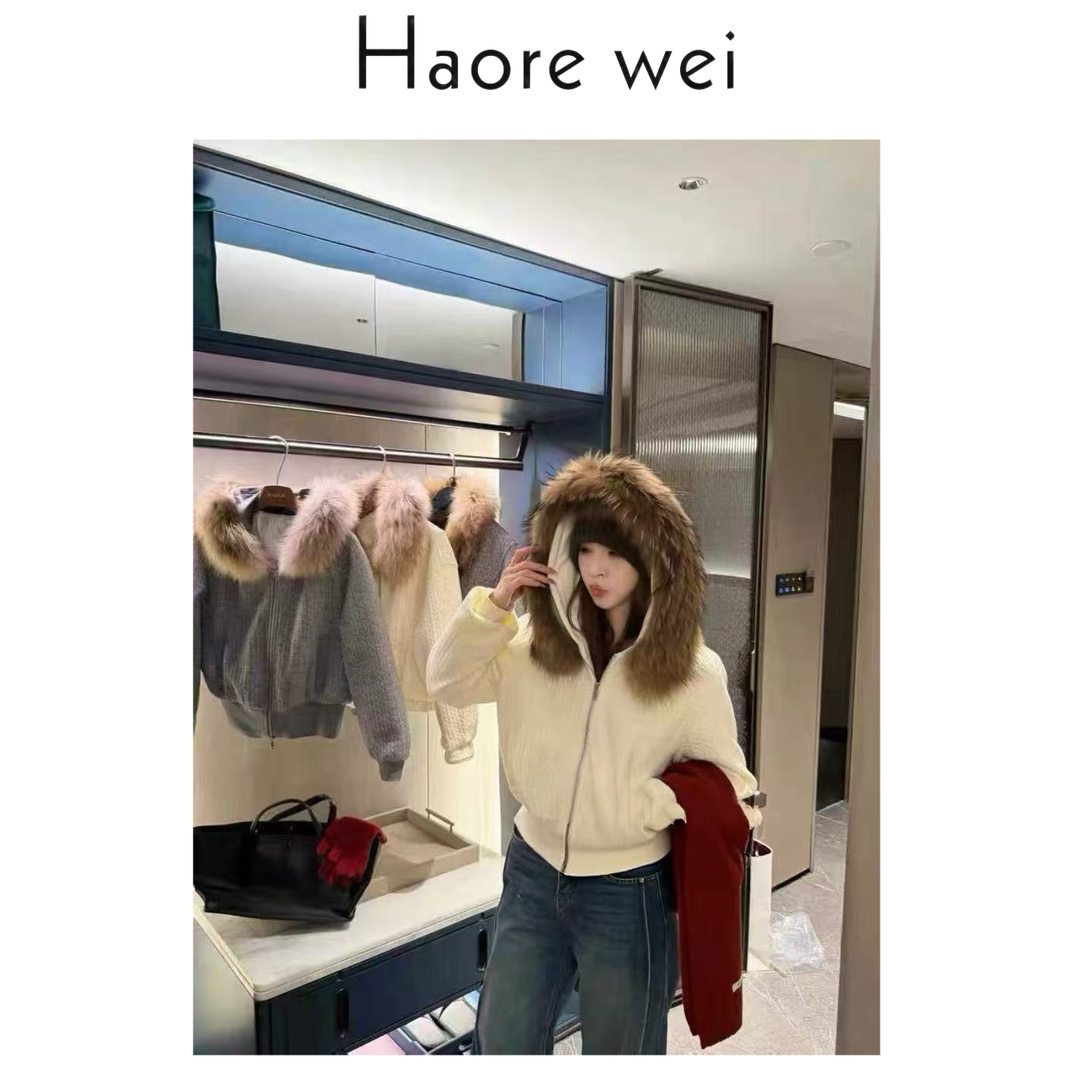 Haore Wei短外套保暖秋冬女宽松羽绒外套网红连帽气质长袖毛领