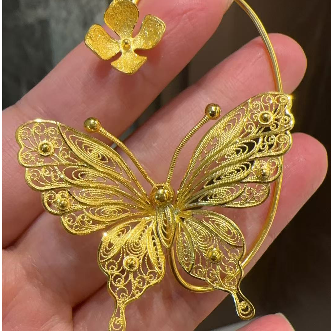 鳳喆古法錾刻花丝精品工艺设计师款花蝴蝶耳挂足金五金国风999