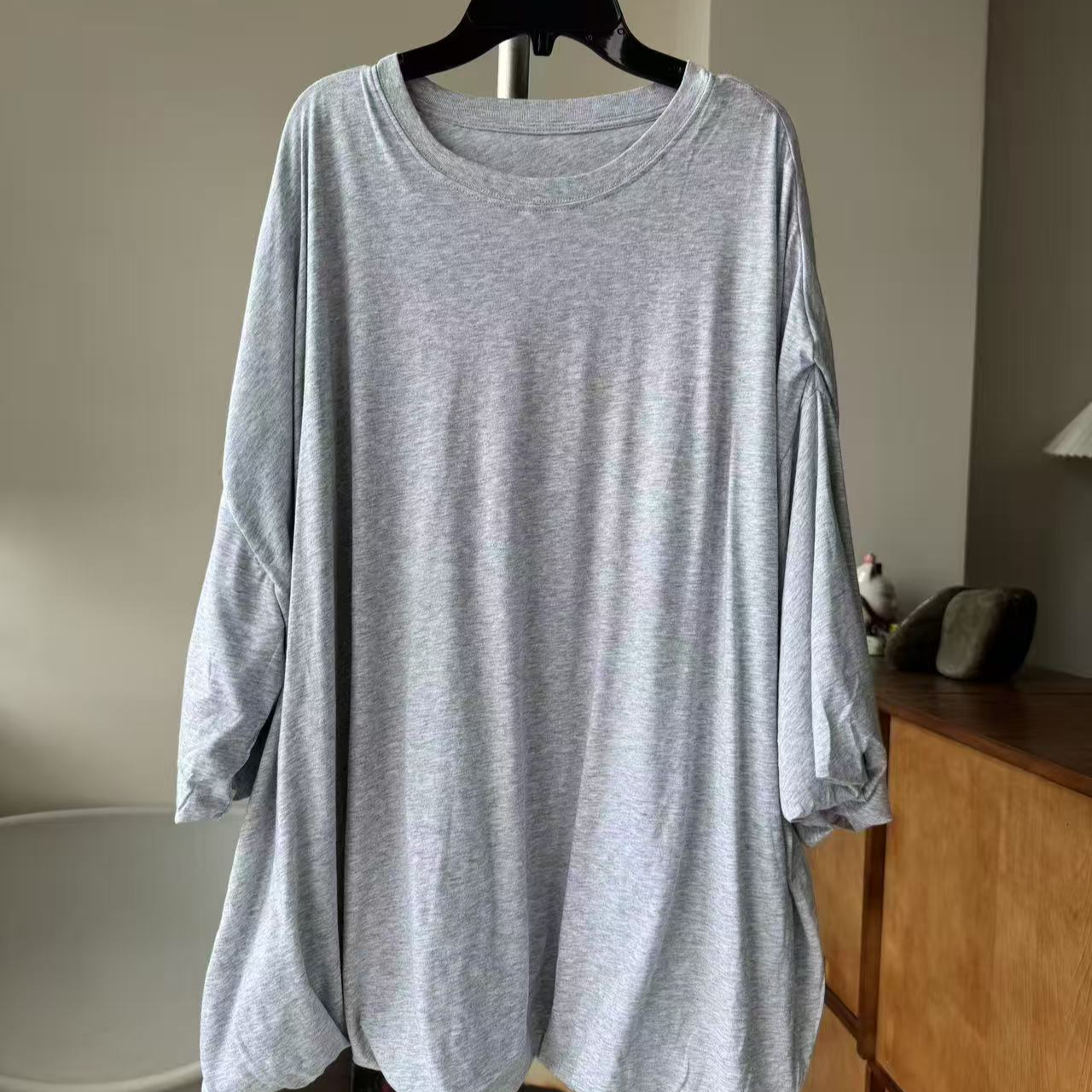 J顶奢版！AS1996标语印花泡泡袖灰色双层宽松大T恤女夏季