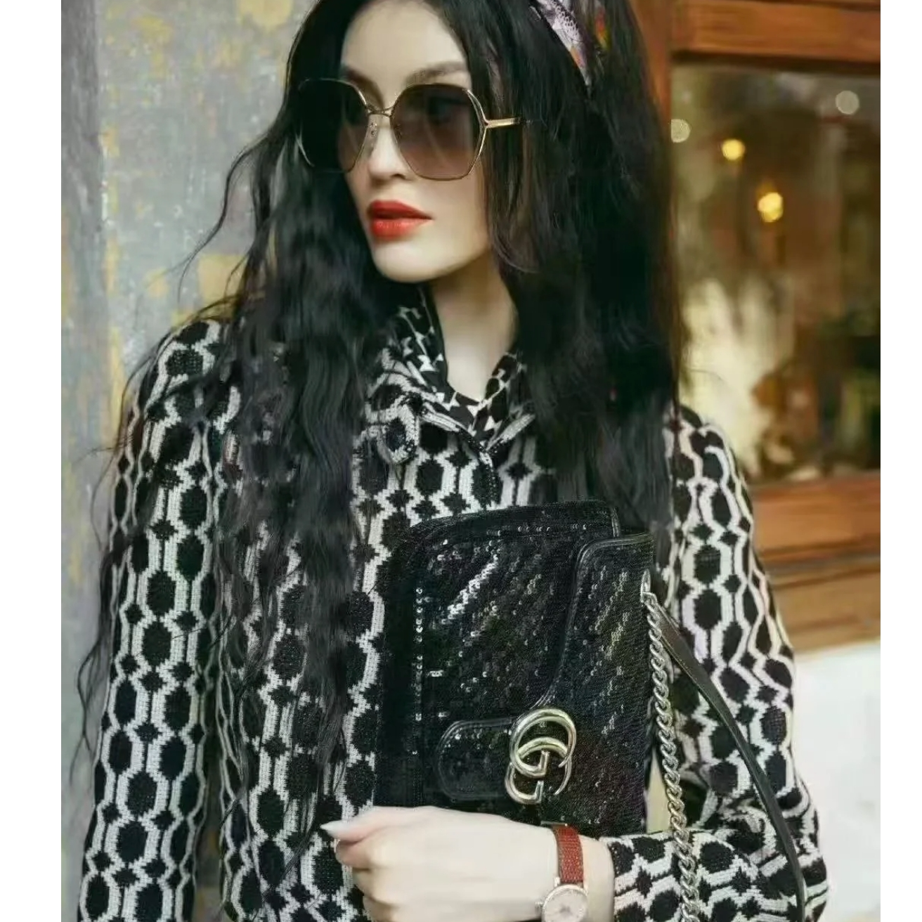 99新 GUCCI/古驰 黑白蜂窝格何穗同款大衣  36 M587