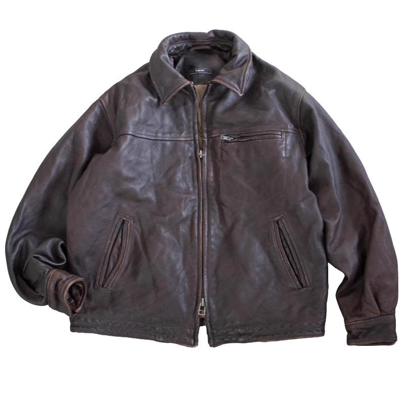 FR 设计师 Leather Jacket超重工全层牛皮 复古短阔做旧夹棉夹克Y