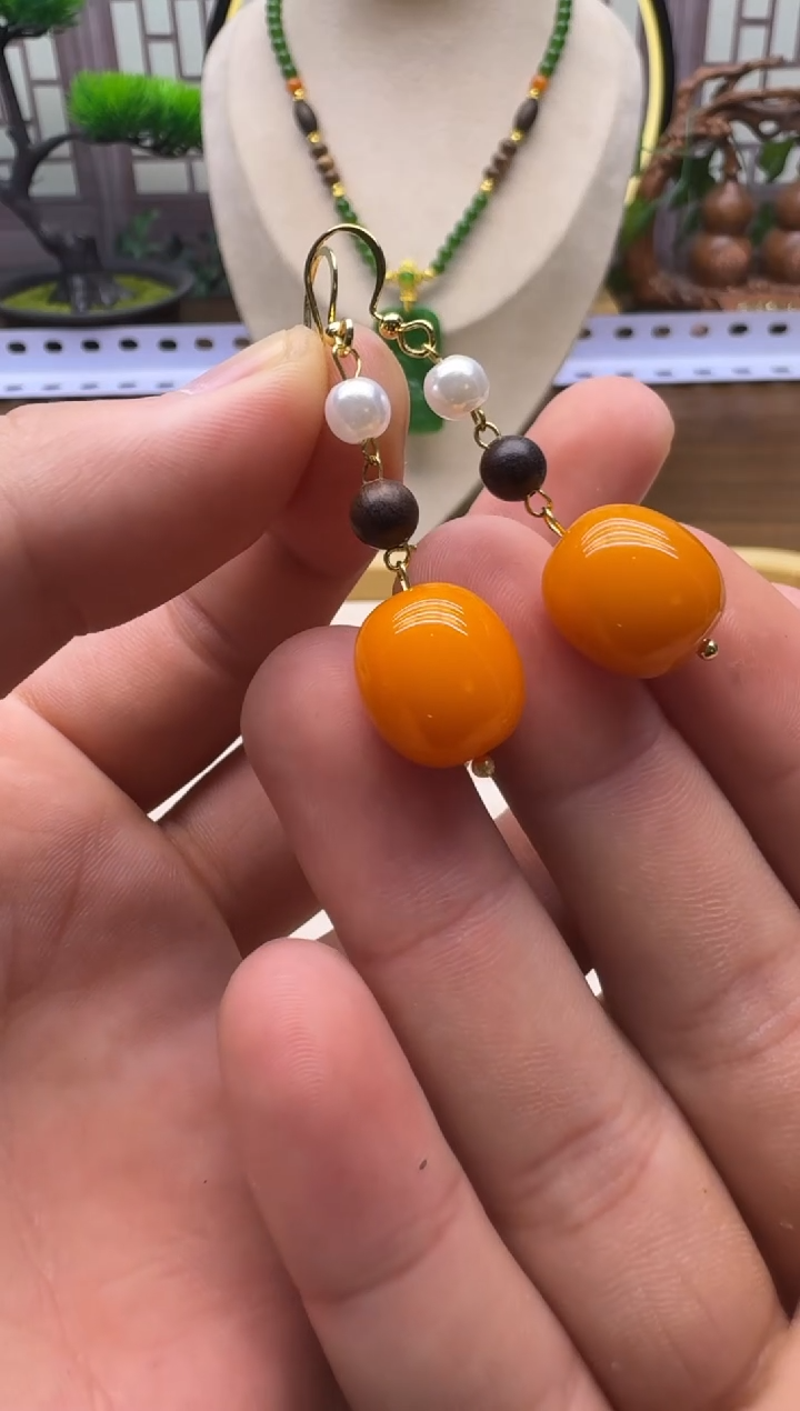 蜜蜡14K金镶嵌耳饰E172    