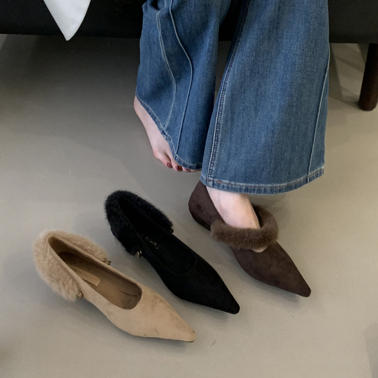 温柔两穿玛丽珍鞋尖头坡跟浅口单鞋女加绒保暖毛毛鞋晚晚风棉瓢鞋