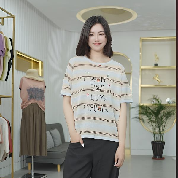 夏季网红百搭短袖开衫时尚休闲百搭宽松条纹针织毛衫2570