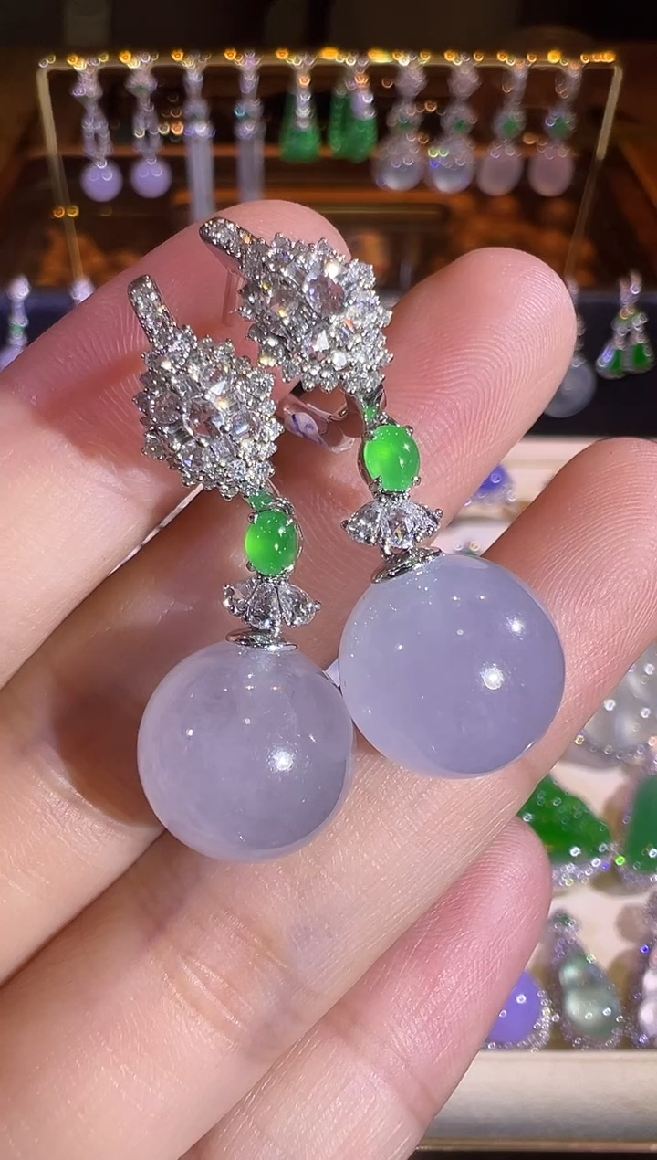 【闪购商品】翡翠耳饰18K金镶嵌高冰冰紫圆珠耳坠