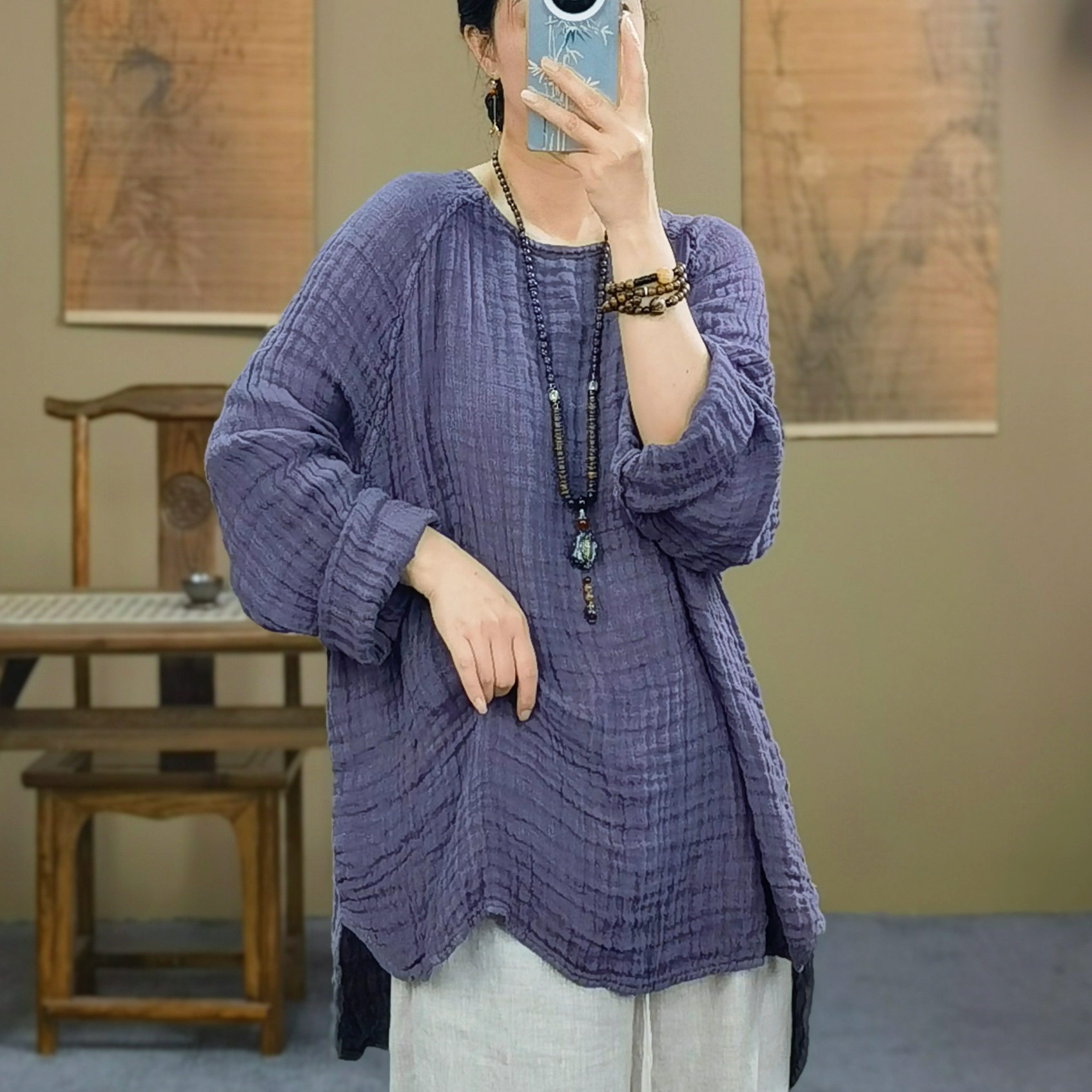 束心新中式秋装新款复古圆领手工线双层肌理亚麻大码宽松休闲上衣