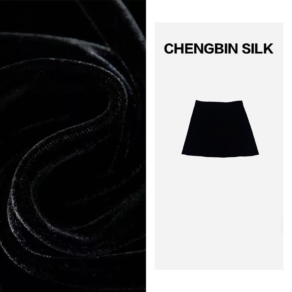 诚滨新款春秋重磅桑蚕丝真丝丝绒拉链带内衬A版包臀短裙193106