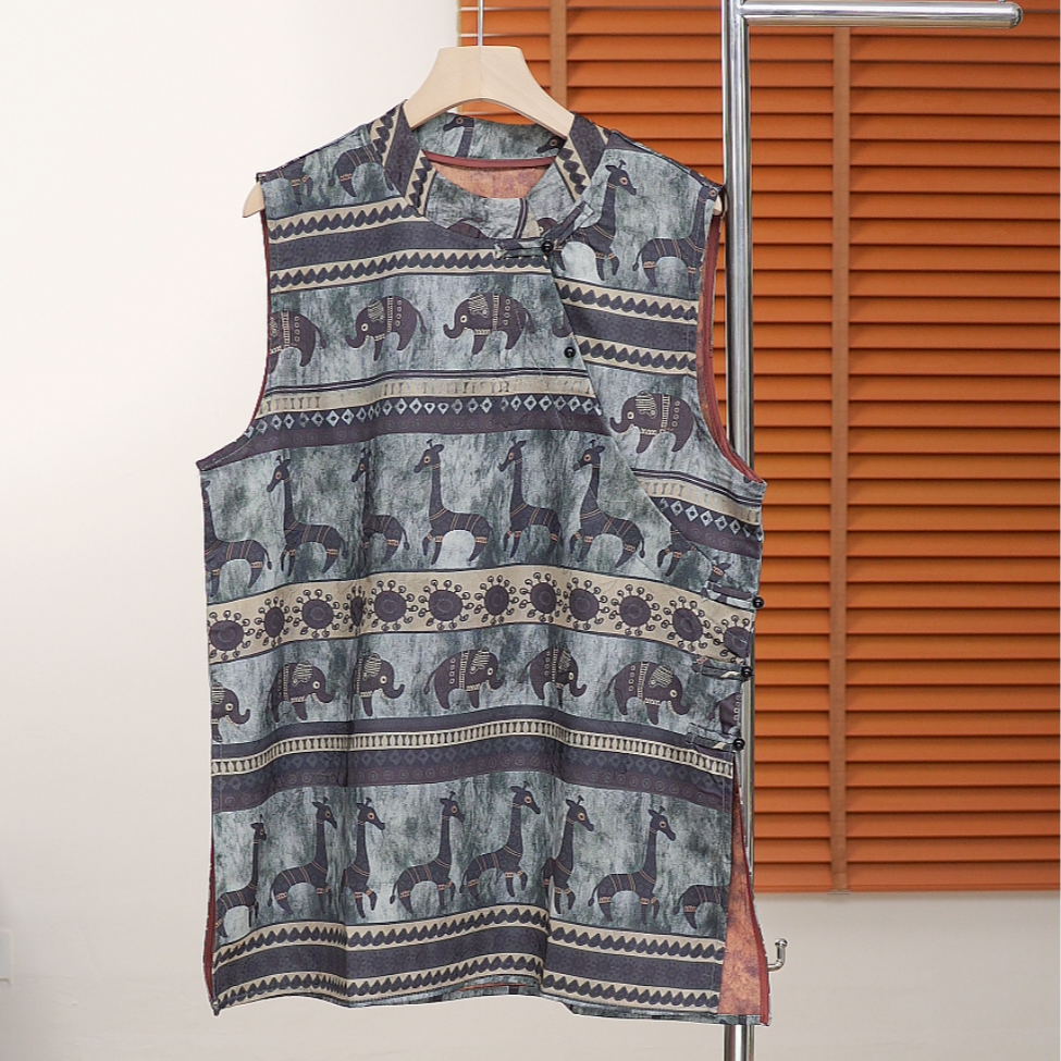 《一鹿吉象》斜襟薄款中长款上衣水洗夏季无袖衬衫