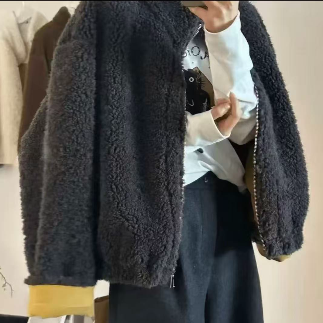 韩系立领仿羊羔毛皮毛一体短款外套女2025秋冬新宽松现廋减龄上衣