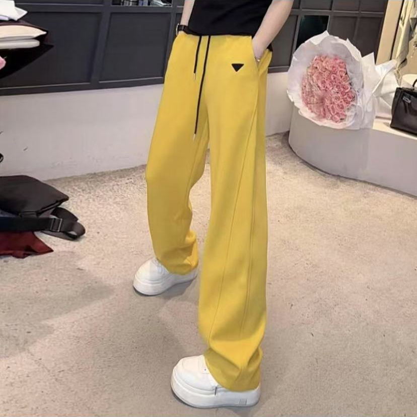 黄色弯刀直筒裤女春秋新款松紧高腰垂感休闲裤显瘦运动香蕉裤子