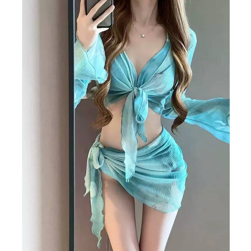 FMY/蝴蝶青色2025新款辣妹风四件套比基尼纯欲度假性感沙滩泳衣女