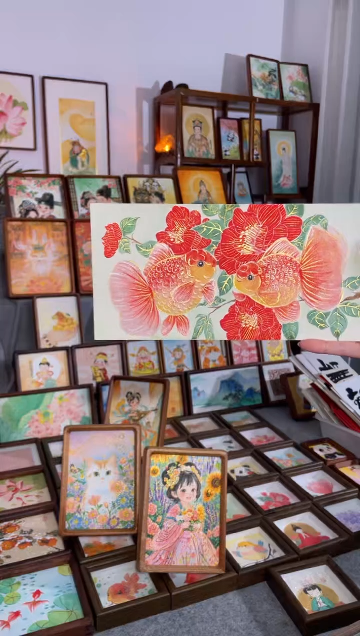 国画【山茶锦鲤-画芯】手绘摆台