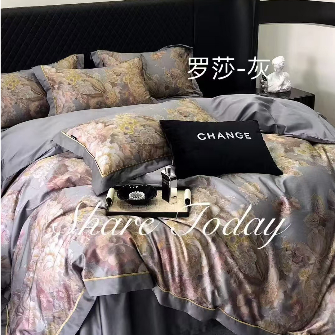 高端全棉长绒棉数码印花100s四件套 罗莎灰 标准/加大