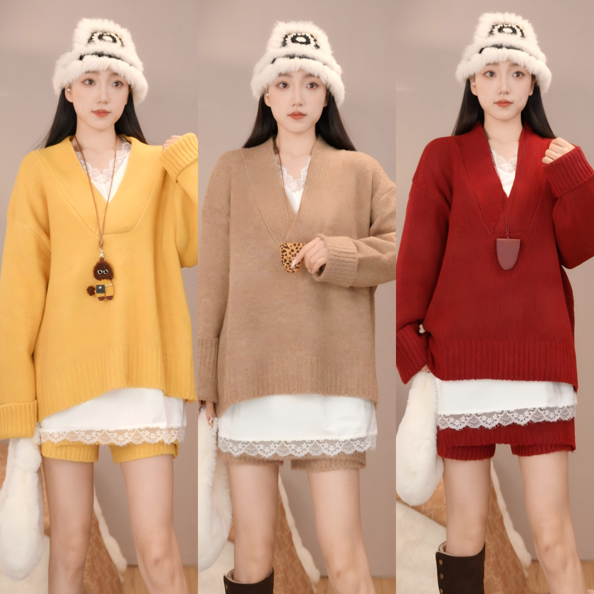 唐乐乐｜25new秋冬韩系厚款V领宽松极简大方上衣+裙裤套装 BF2667