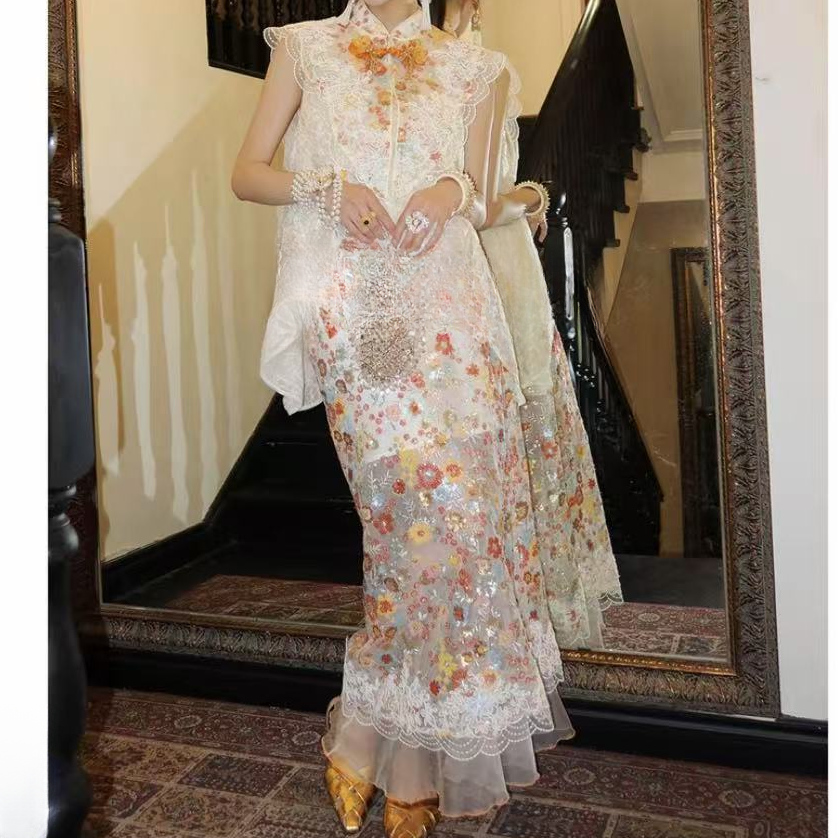 【龙涎橙花】原创夏款国风马甲上衣重工蕾丝云肩/珠绣半裙