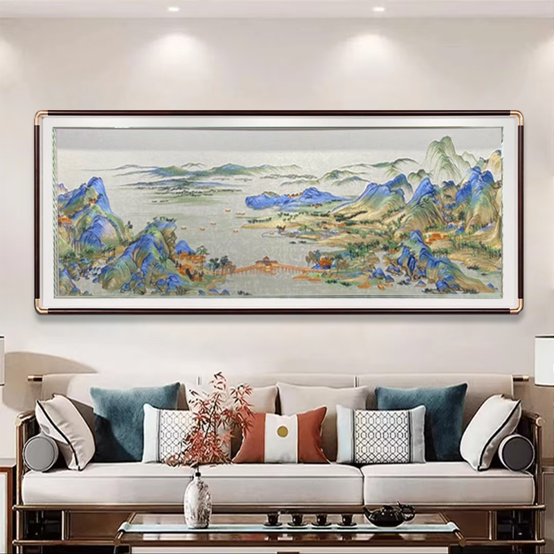 中式刺绣客厅挂画千里江山图钢化玻璃沙发背景装饰画山水风景挂画