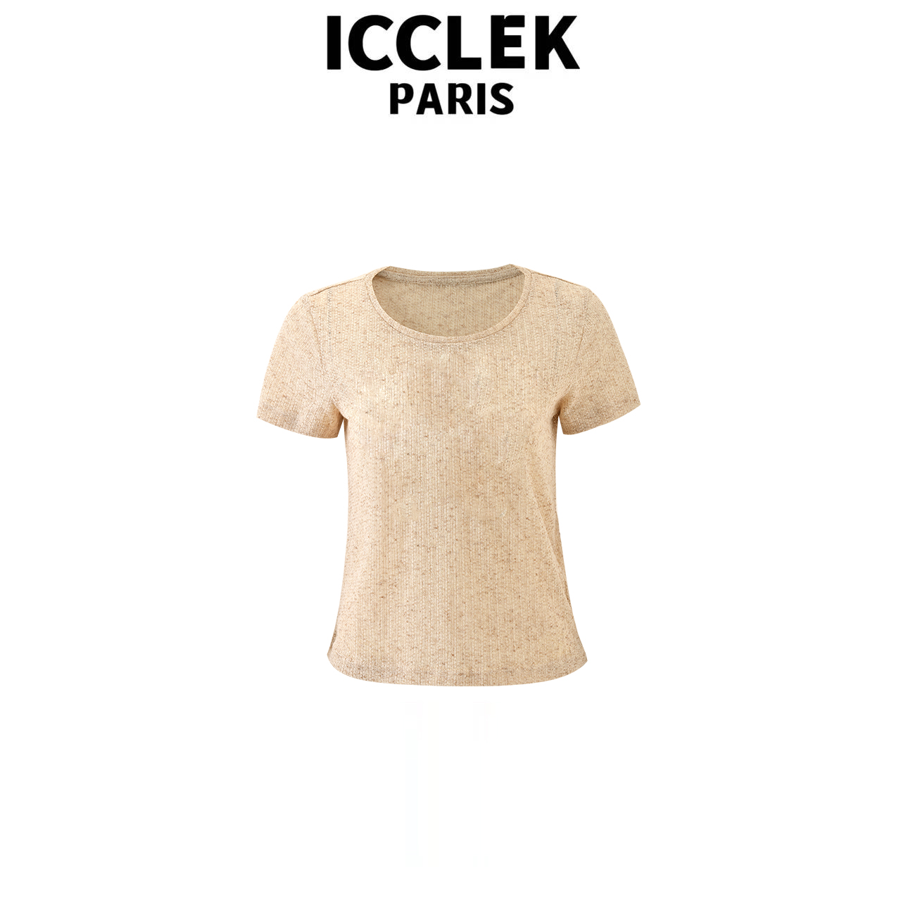 ICCLEK 杏色素板圆领手绣短袖T恤百搭通勤宽松显瘦气质上衣 -5703