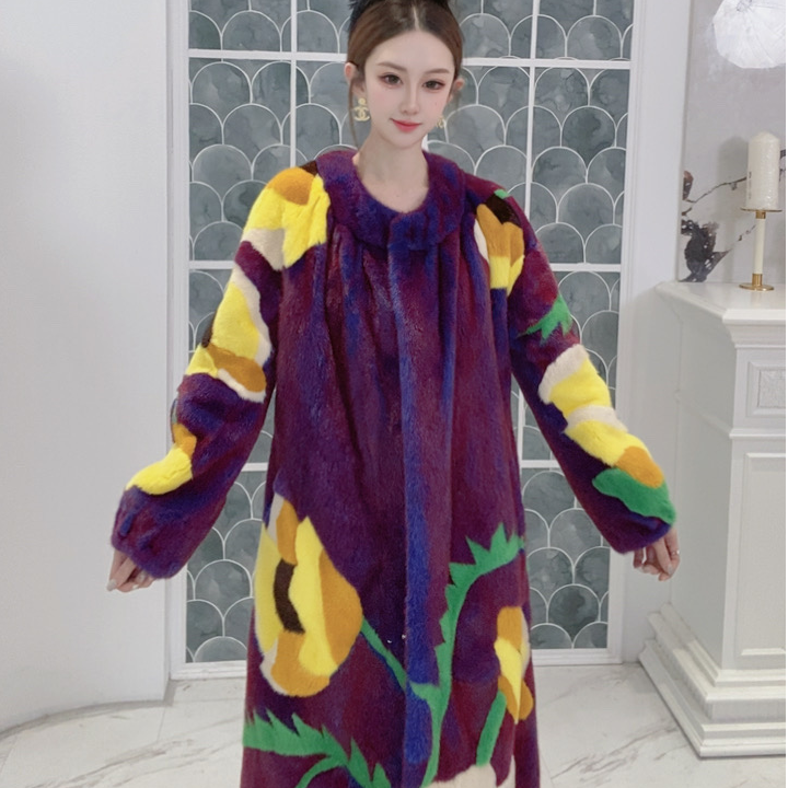 进口稀有水貂皮草外套女工艺款扣花镶嵌长款高端貂皮大衣冬23001