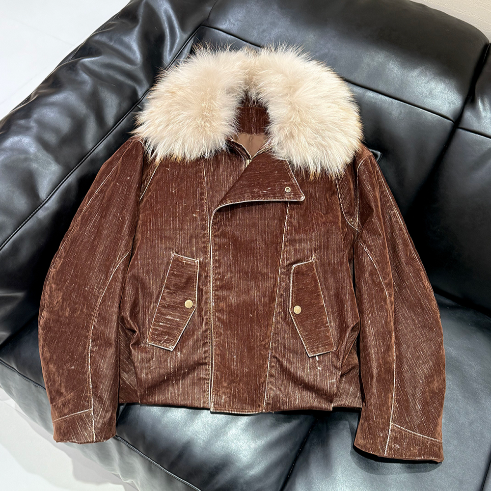 InMax植绒复古牛仔毛领90鹅绒派克服皮草外套女可脱卸短款休闲