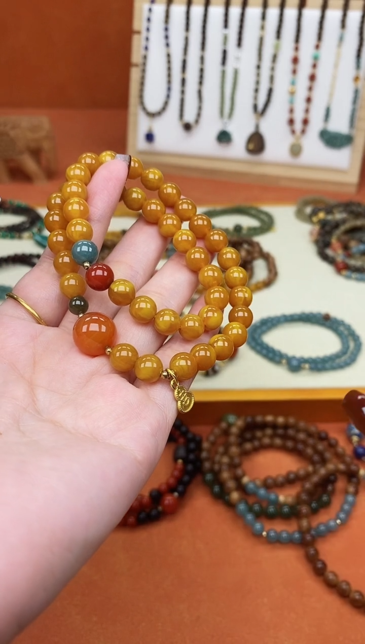 手链蜜蜡未镶嵌双圈蜜蜡和田南红蓝水手串