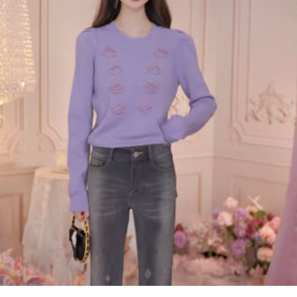 【达人专属】朝峰冬季时尚针织圆领立体花朵毛衣长袖CFE5E106-1073C