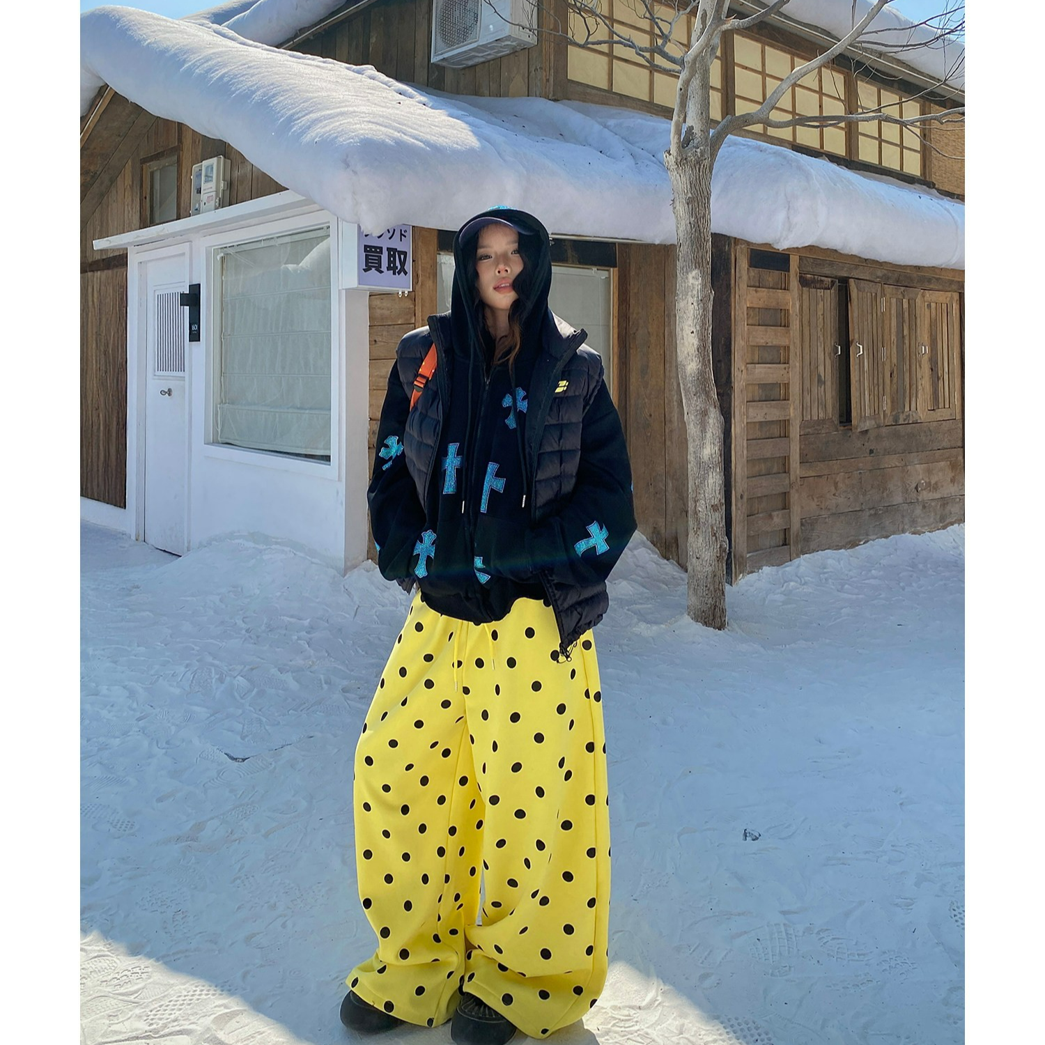 Y-C冬季加绒加厚波点印花休闲裤女宽松卫裤直筒阔腿长裤男