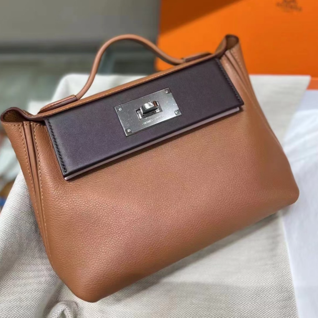 99新 Hermes/爱马仕 小花柳 2424mini金棕拼梦幻紫 EC皮U刻银扣 