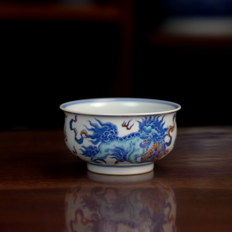 空山明月新斗彩双狮卢氏杯青花斗彩主人杯景德镇陶瓷手绘品茗茶杯