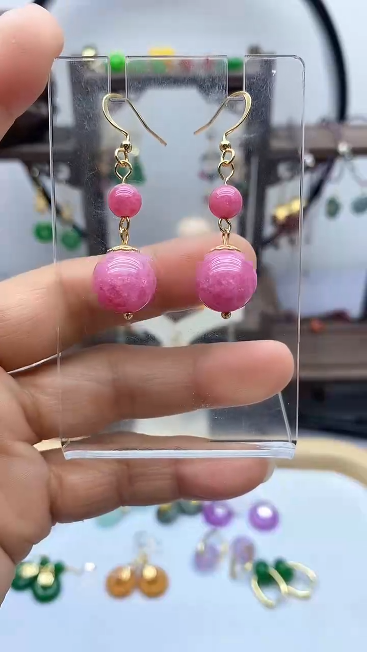 菱锰矿（红纹石）14K金镶嵌耳饰36