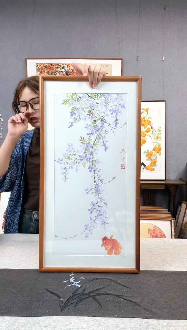 【闪购商品】国画闫冬雪-手绘带框作品-35*68-紫藤