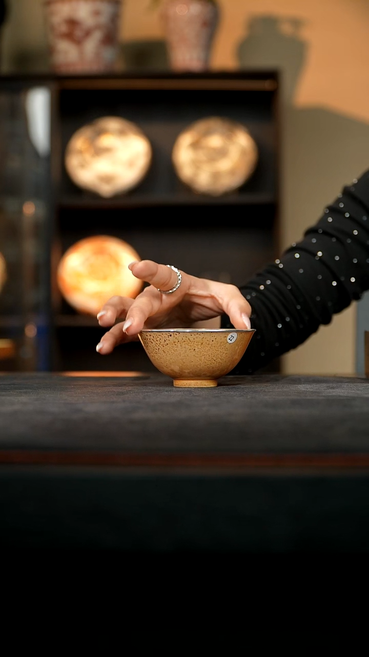 厚山柴烧金丝楠木落灰斗笠杯【镶银】