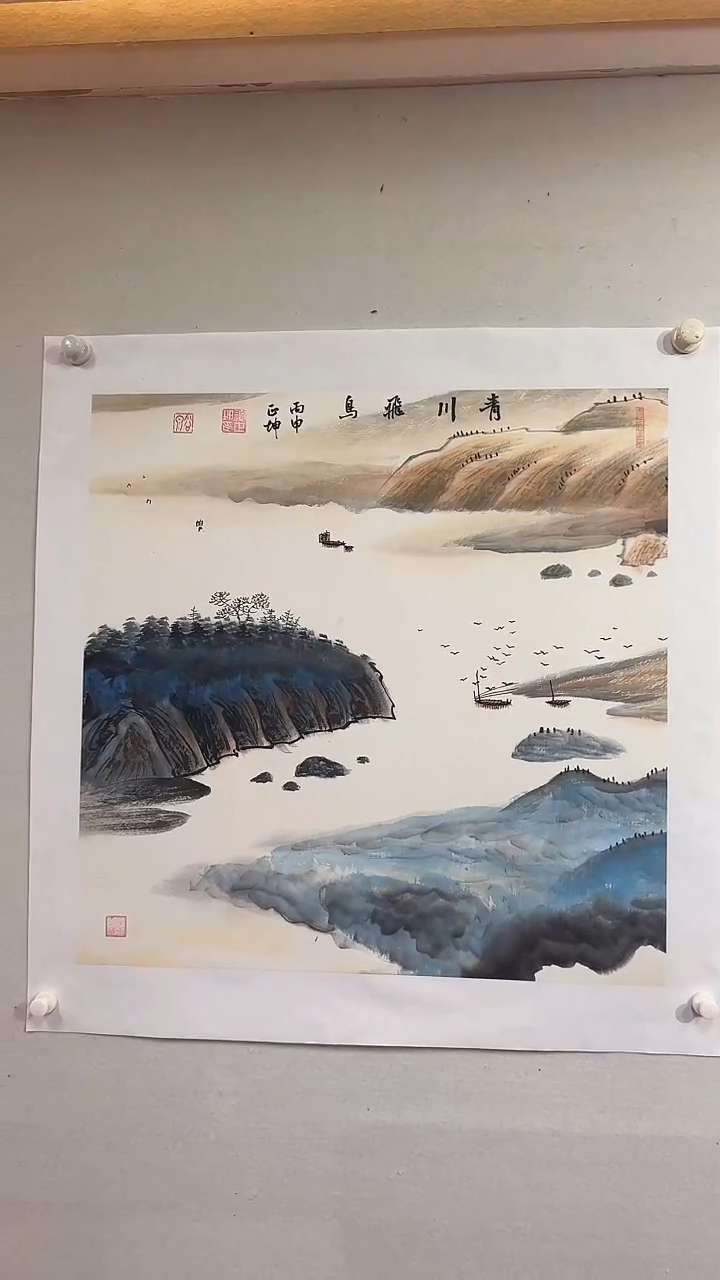 国画青川飞鸟/4尺斗方托底/谭正坤