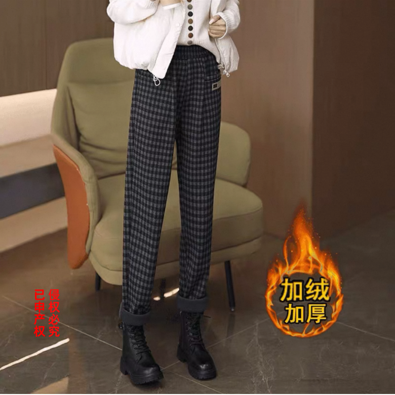 专柜版本毛呢哈伦裤女秋冬新款加绒加厚宽松休闲格子直筒哈伦裤2