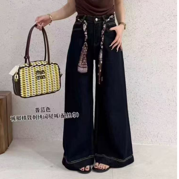 直筒拖地长裤女秋季新款韩版系带高腰宽松休闲百搭复古阔腿牛仔裤