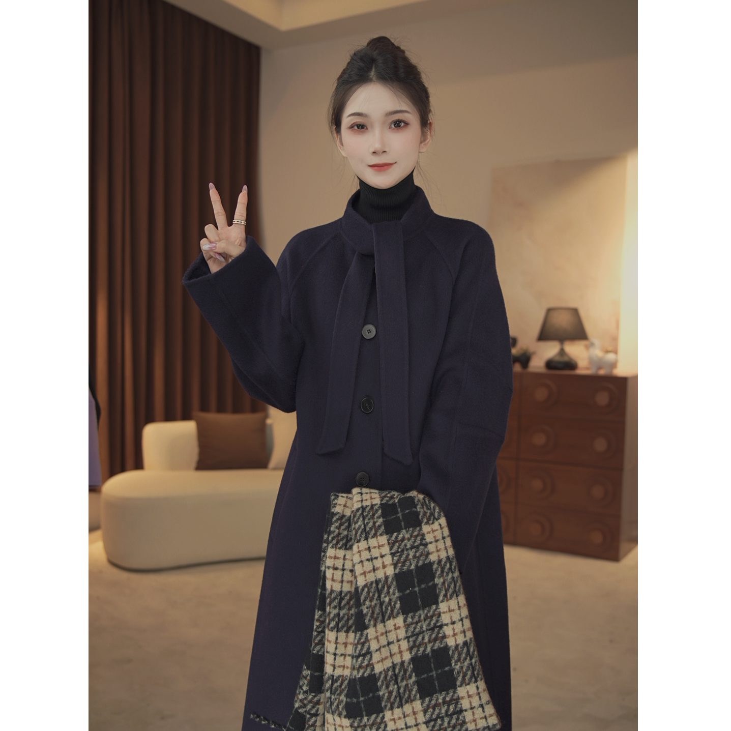 100%全羊毛长款不褪色秋冬女复古时尚气质小个子韩版宽松双面加厚