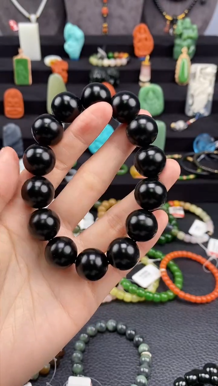 【闪购商品】和田玉-未镶嵌16mm塔青圆珠手串福利版