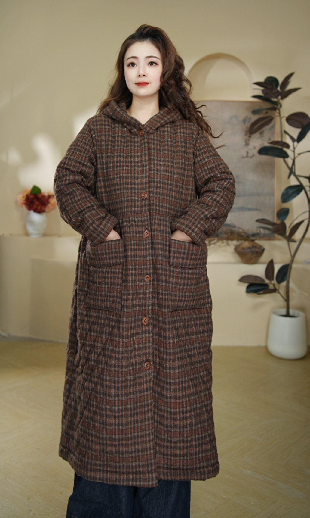 冬季棉服加厚加棉休闲保暖格子外套宽松开衫大码中长款B6051