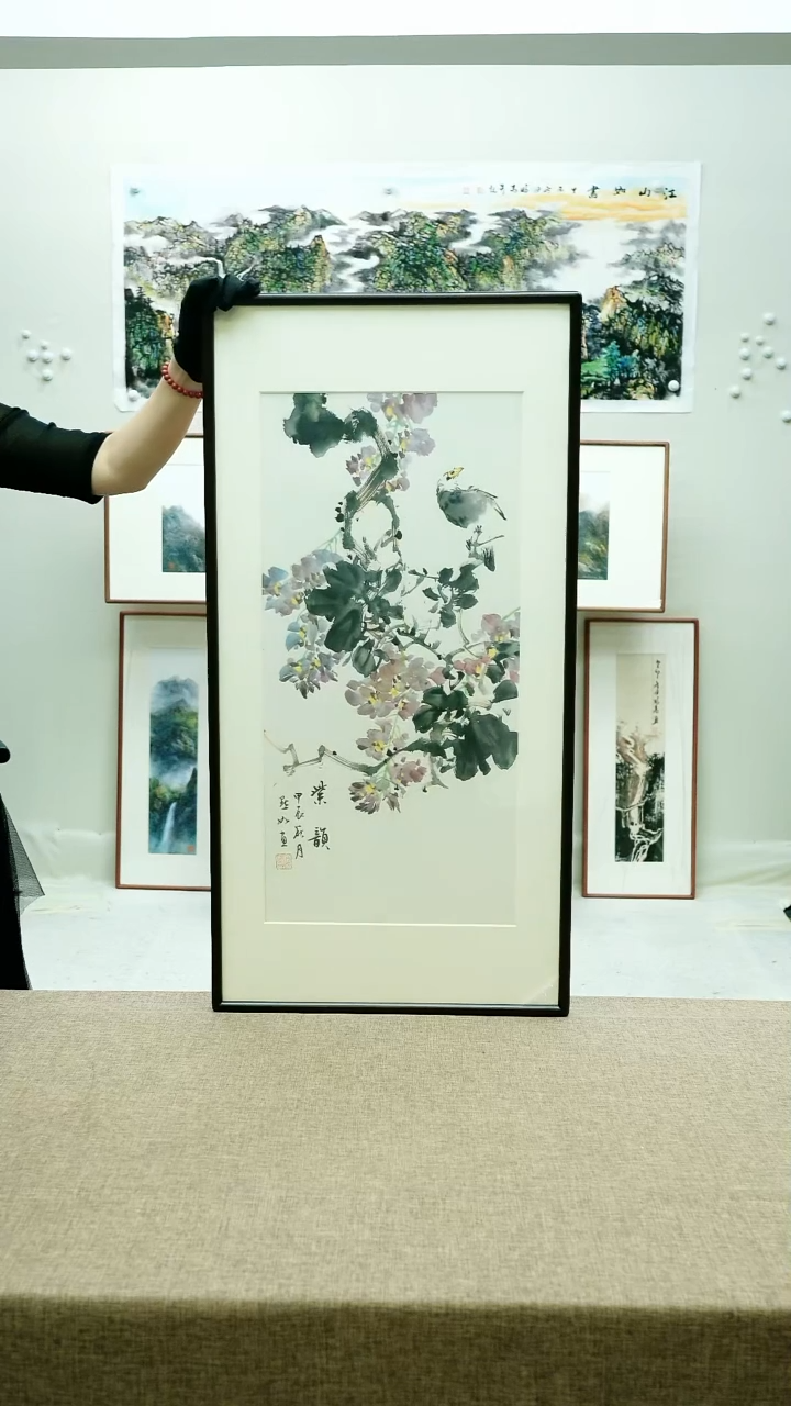 国画48*92陈默如手绘花鸟带框