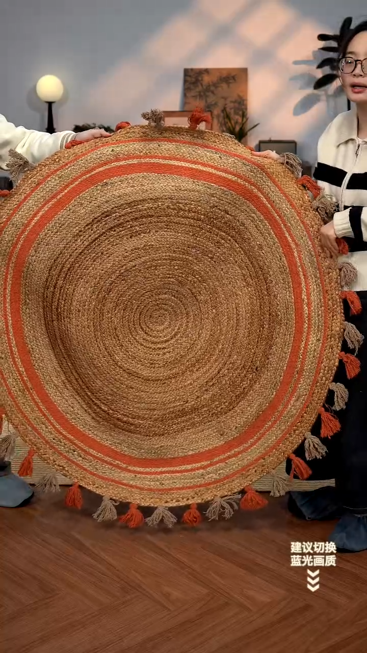 黄麻【120*120】印度进口手工黄麻圆地毯【红色】