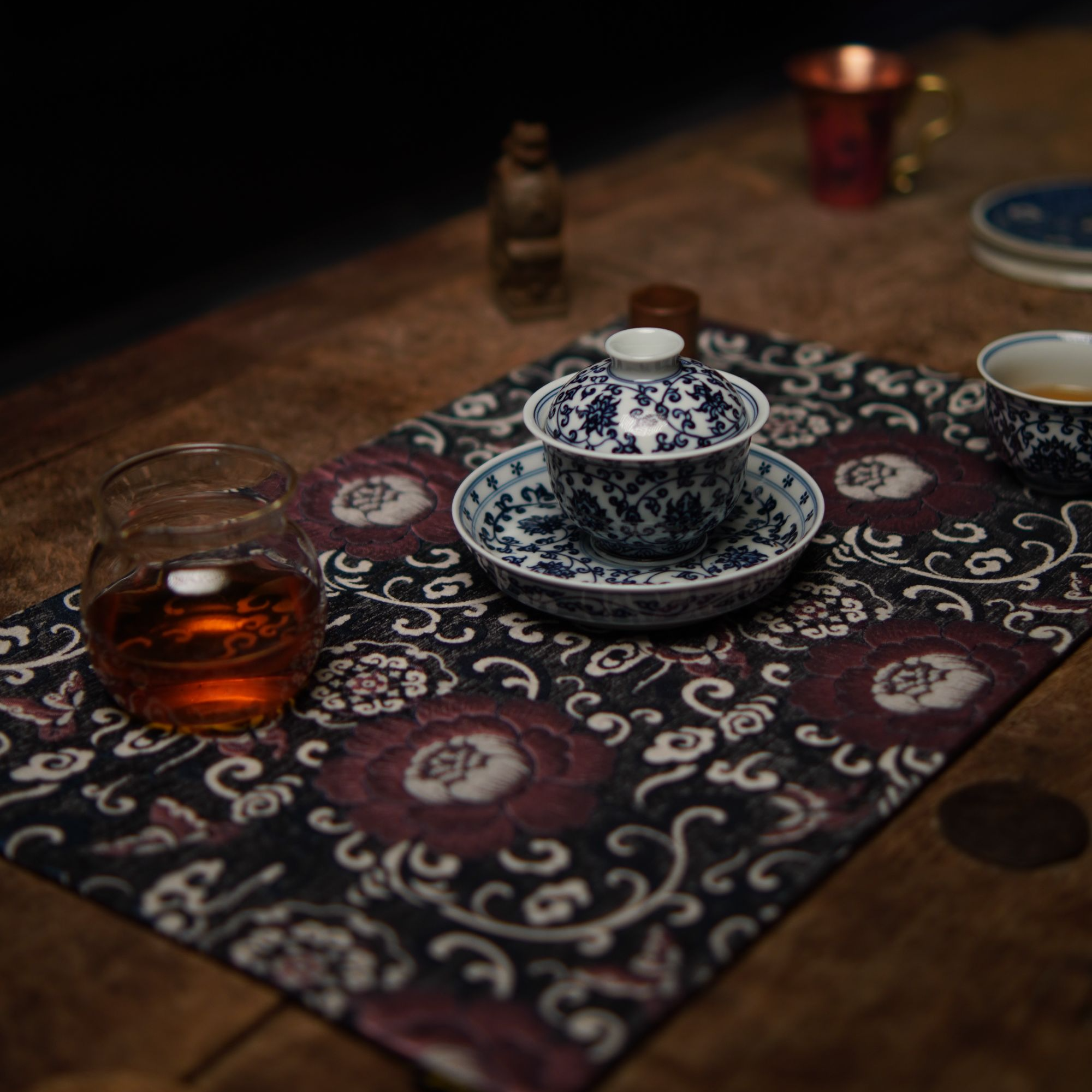 乔木手作 缠枝牡丹 吸水茶席 手工轻奢茶席 缠枝纹理茶席 