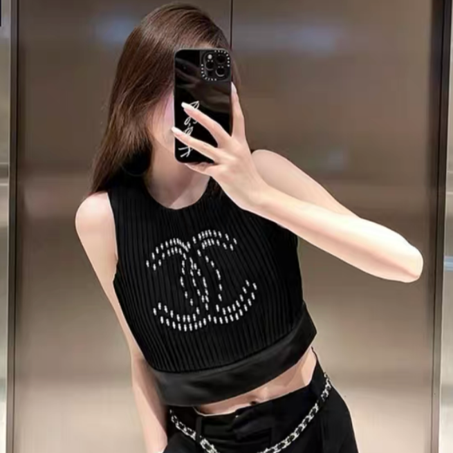 99新 Chanel/香奈儿 34码22A双C珍珠logo黑色竖条纹背心