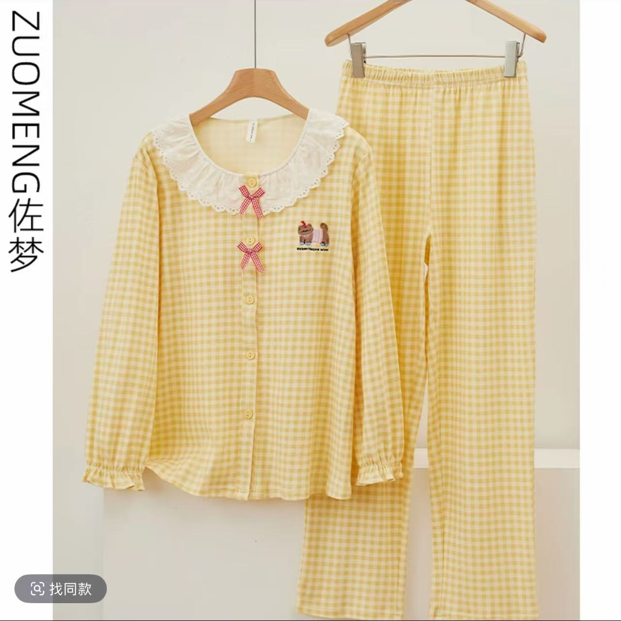  zuomeng/佐梦春秋睡衣女长袖长裤纯棉带胸垫卡通格子套装家居服