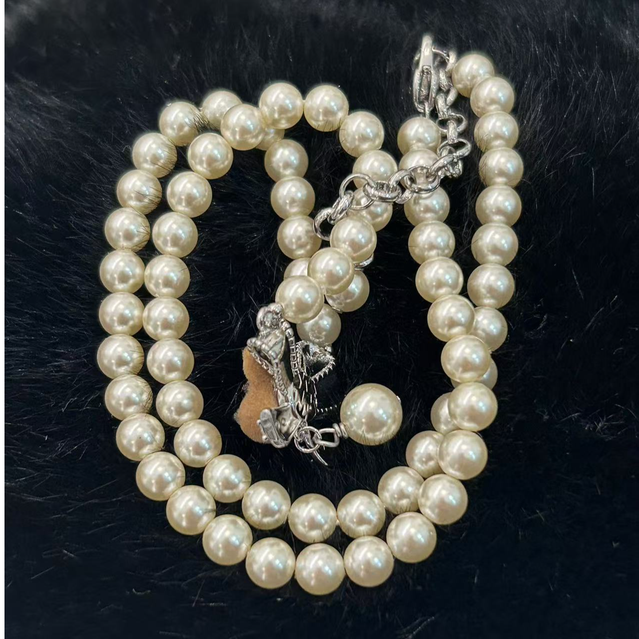 非金属仿珍珠项链 乐园系列蝴蝶结植绒小熊珍珠项链233