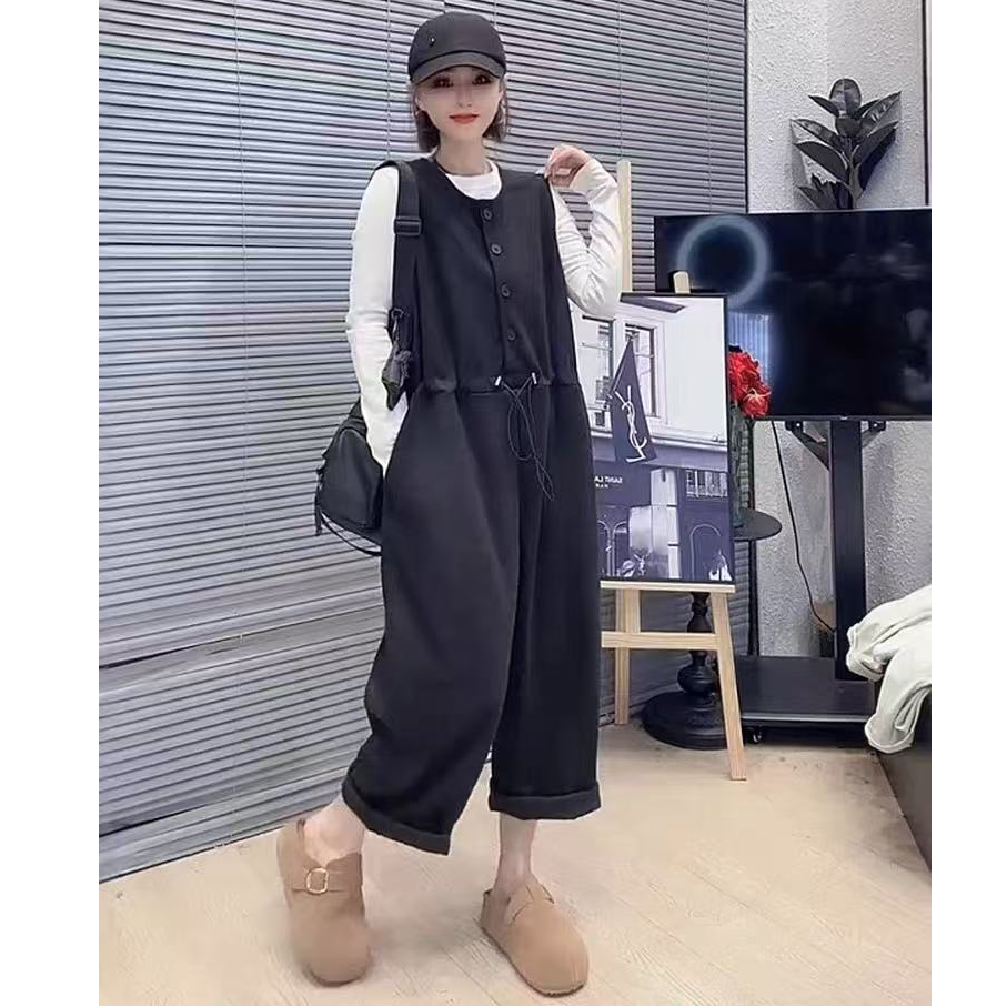 秋季新款时尚韩版设计感抽绳收腰宽松圆领无袖连体裤休闲裤大码