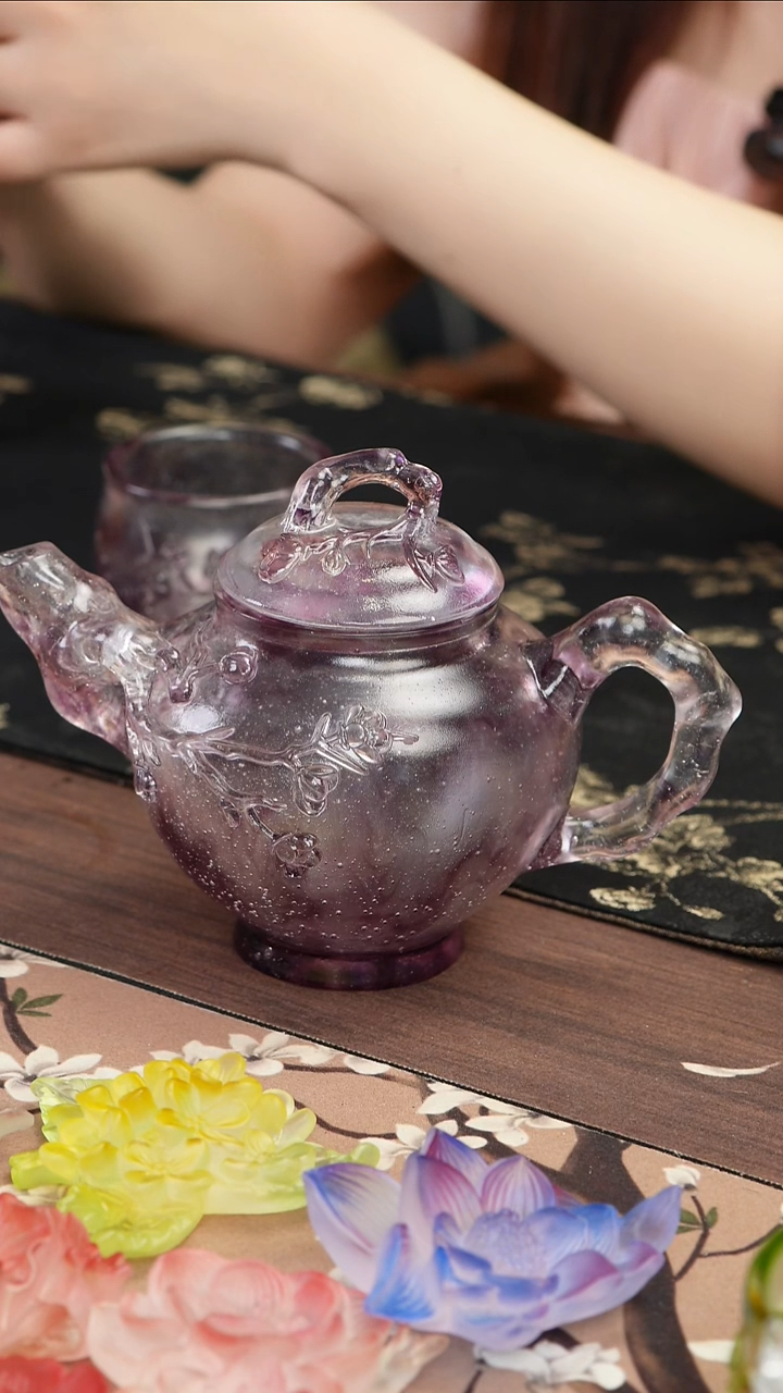 琉璃手工艺品紫色梅花侧把冷泡壶